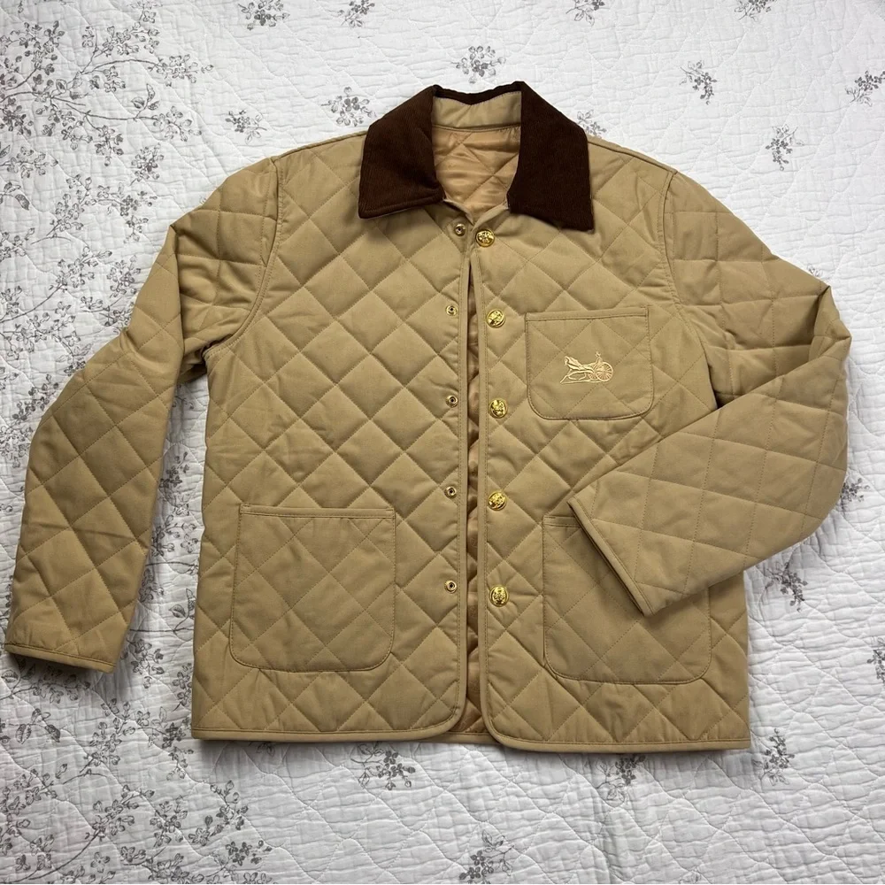 Designer inspired quilted HUNTING JACKET IN COTTON FABRIC DARK BEIGE - Picture 1 of 15